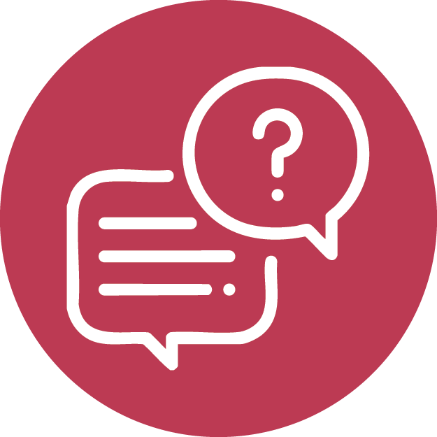 Red speech bubbles symbolize communication, inquiry, and dialogue in a modern design.