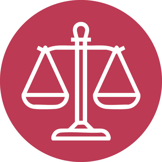 Iconic scales of justice symbolizing balance and fairness against a bold red background.